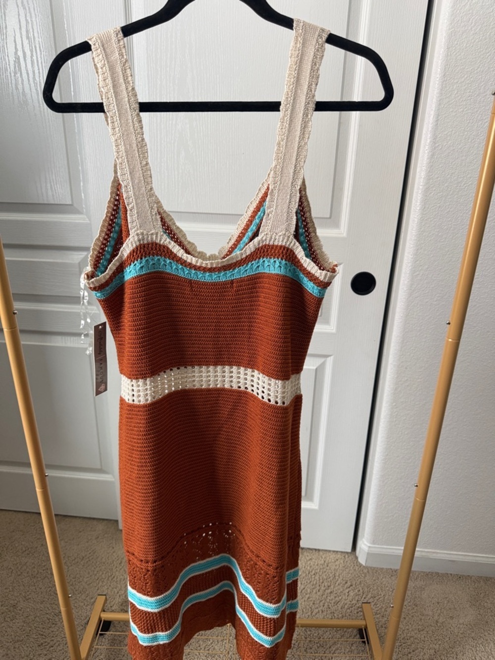 Y2K Rust Crochet Tank Dress with Cream & Turquoise Trim - Picture 2 of 5